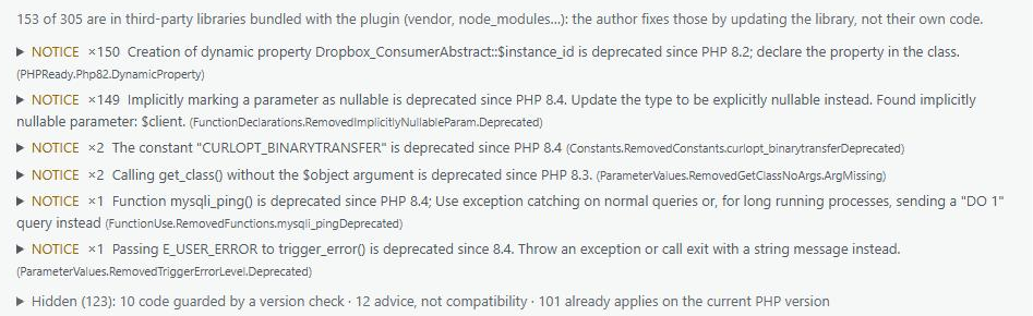 Detail view of one plugin: findings grouped by rule with counts, a note that 153 of 305 findings are in a bundled third-party library, and the hidden findings with their reasons