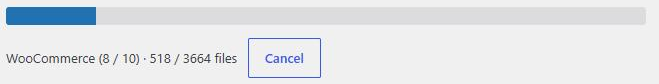 Progress bar during a scan: WooCommerce (8 of 10), 518 of 3664 files, with a Cancel button